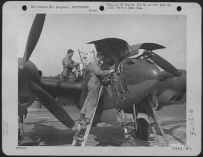 Thumbnail for General > Ground Crewmen Of A Lockheed P-38 Of The 38Th Fighter Squadron, Based At Nuthampstead, England, Get It Ready For Another Mission.  The Crewman In The Rear Is Putting A Parachute In The Cockpit Which Is Too Small For The Pilot To Enter With It On.  16 Octo