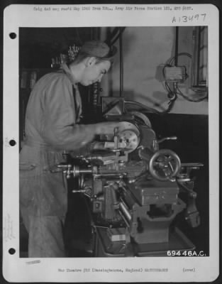 Miscellaneous > A Machinist Of The 91St Bomb Group Operates A Lathe In A Machine Shop At A Base In Bassingbourne, England.  18 June 1944.