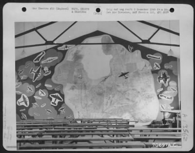 General > Maps And Drawings Of Airplane Silhouettes Adorn The Wall Of The Briefing Room At Hdq., 1St Bomb Division Based In England.