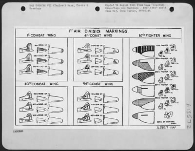 General > Combat Aircraft Markings Of Us Army 8Th Af 1St Air Division.  1St, 40Th, 41St And 94Th Combat Wings, And 67Th Fighter Wing.  Color Code: Verticle Lines - Red, Horizontal Lines - Blue, Diagonal Lines - Green, Dots - Yellow.