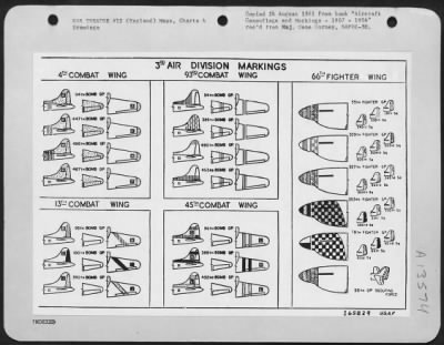 General > Combat Aircraft Markings Of Us Army 8Th Af 3Rd Air Division.  4Th, 13Th, 93Rd And 45Th Combat Wings, And 66Th Fighter Wing.  Color Code: Verticle Lines - Red, Horizontal Lines - Blue, Diagonal Lines - Green, Dots - Yellow.