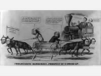 Cartoon showing Lincoln & Hamlin on a train, Douglas is pulling left and Breckinridge is pulling right.jpg