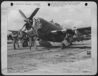 Republic > The newly announced fighter-bomber of the 9th AF is photographed officially. It is a P-47 Thunderbolt and it now carries two 1,000-pound bombs, one under each wing. These sturdy fast fighting planes have added a knock out punch in the already
