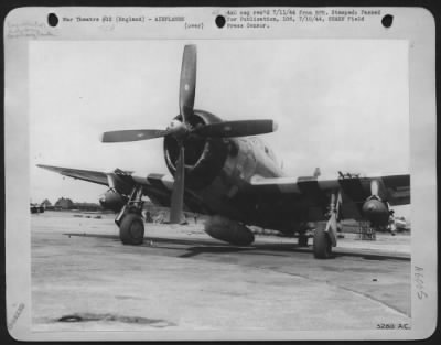 Republic > The newly announced fighter-bomber of the 9th AF is photographed officially. It is a Republic P-47 Thunderbolt, and it now carries two 1,000-pound bombs, one under each wing. Extra fuel tank, called belly tank, may be observed under fuselage. The