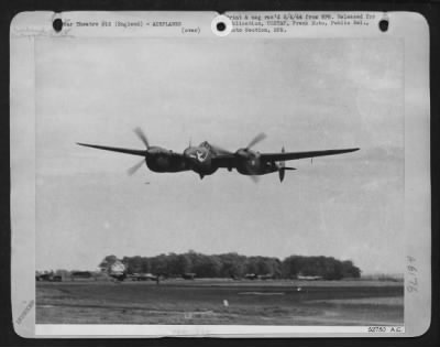 Lockheed > Take-off-Piloted by Lt. Schultz, the Lockheed P-38 Lightning, equipped with a battery of cameras in place of guns, takes off on its photographic mission. The great speed and altitude range of this plane, uponn which it depends for protection from