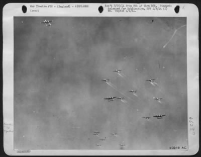 Vapor Trails > Lockheed P-38s stream through the thin atmosphere at their rendezvous point where they met the heavy bombers and escorted them on the bombing mission. These darting flashing denizens of the rarified high altitude atmosphere scored many victories