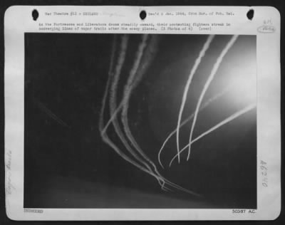 Vapor Trails > GHOST TRACKS IN THE SKY:--Across the frozen wastes of the sub-stratosphere are etched the ghostly white trails of Thunderbolt fighters sweeping the skies for Nazi rocket-gun interceptors that may be lurking in the path of approaching Eighth Air force