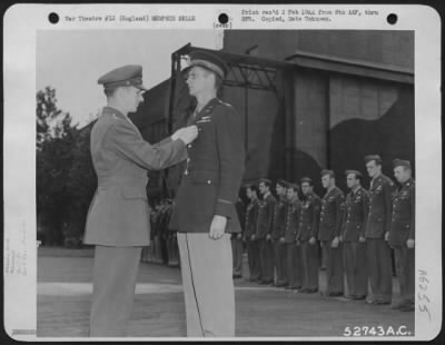 Thumbnail for General > Capt. Robert K. Morgan, pilot of the Boeing B-17 "Memphis Belle" receives the Distinguished Flying Cross from Brig. General H.S. Hansell.