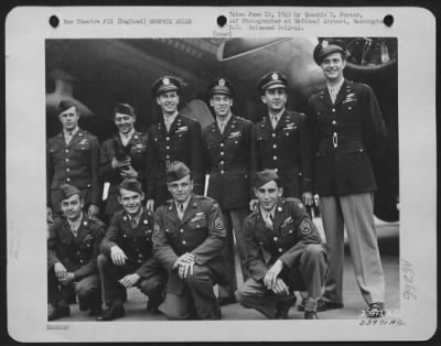 General > Crew of the Battle-weary, but triumphant, "Memphis Belle" which made twenty-five bombing missions over Europe are shown: L. to R. Back Row: T/Sgt. Robert J. Hanson, Garfield, Wash., Radio Operator; T/Sgt. Harold P. Loch, Green Bay, Wisc.