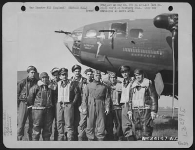 General > The crew of the Boeing B-17 "THE MEMPHIS BELLE" is pictured at an airbase in England after completing 25 missions over enemy territory. They are, left to right: T/Sgt. Harold P. Loch of Green Bay, Wisconsin, top turret gunner; S/Sgt. Cecil H. Scott