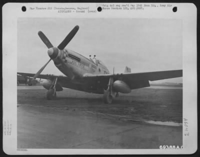 North American > The North American P-51 "Tar Heel" Parked Beside The Taxi Strip At The 91St Bomb Group Base In Bassingbourne, England.  Note The Auxiliary Fuel Tanks Under Each Wing.