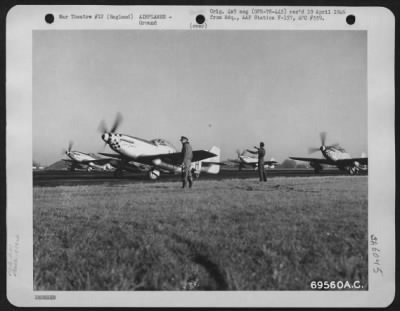 North American > Upon Receiving The Green Light From The Control Tower These North American P-51 "Mustangs" Of The 353Rd Fighter Group Will Roar Down The Runway And Take Off From Their English Base For Another Escort Mission Over Enemy Territory.  December 1944.