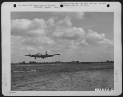 Boeing > A Boeing B-17 "Flying Fortress" Comes In For A Landing At The 91St Bomb Group Base In Bassingbourne, England After A Successful Mission Over Germany.  A Formation Of Fortresses Can Be Seen Coming In For A Landing In The Background.  20 August 1944.