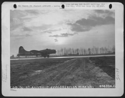 Boeing > A Boeing B-17 "Flying Fortress" Of The 401St Bomb Group Lands At Its Home Base After Mission Over Enemy-Held Territory In Europe, 24 December 1943. England. [Gorenflos Mission Is Written On Neg]