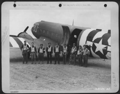 General > This is the crew of a "Skytrain," hospital ship of the 9th Air force which was first to land on the beachhead in France. The landing strip hurriedly built by 9th Engineer Command battalion was in use within four score hours from the initial assault