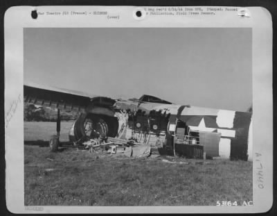 General > A glider of the 9th Air force Troop Carrier Command is shown where it cracked up on landing somewhere in France.