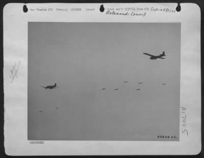 General > Douglas C-47 Transports of the Troop Carrier Air Division of the Twelfth Air force are shown here towing airborne troop ladened gliders toward the Southern French Coast where they released the Gliders at a point between Toulon and Cannes.