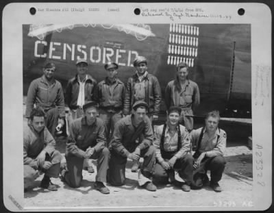 Consolidated > Kneeling from left to right are: T/Sgt Dale R. Bails, aerial engineer and top turret gunner of Galion, Ohio; S/Sgt John J. Herlihy, waist gunner, of Yonkers, N.Y.; T/Sgt John B. Shallow, radio operator and nose gunner of Detroit, Michigan; S/Sgt