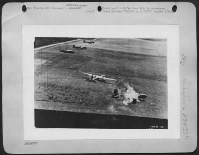 Consolidated > Gun camera synchronized with the wing guns of a low-strafing P-51 Mustang reveals Heinkel 177 blazing on German airdrome after the U.S. Army 8th Fighter Command unit swept over the field. Low-level attacks, among the most hazardous of aerial combat