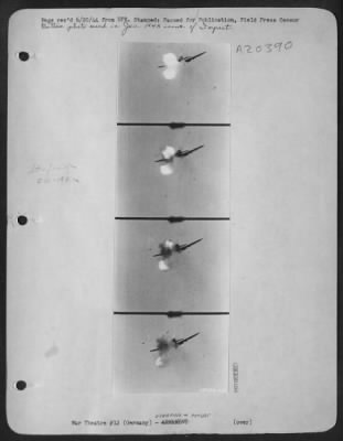 Consolidated > Photographs show the destruction of two enemy planes by Maj. Turner; first, approximately 75 feet from the ground in a 30 degree bank, he ended this FW-190's career. The destruction of theplane portrays some excellent deflection shooting on the part