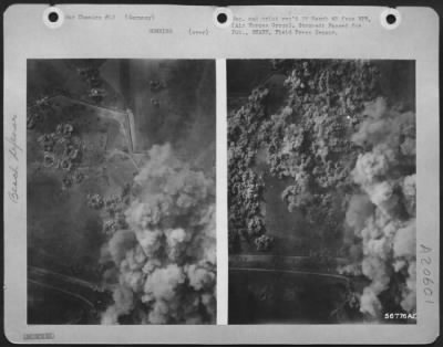 Consolidated > 1st TAC AF Martin B-26 Marauders blast a path with high explosives through the enemy's Siegfried Line southeast of Zweibrucken in aerial co-operation with the advancing American 7th Army offensive in the Sear Basin. LEFT: The first bombs of a