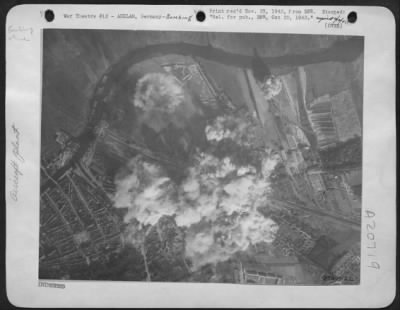 Consolidated > FW-190 PRODUCTION GOES UP---IN FLAMES!---Flying Fortresses of Eighth Air Force Bomber Command hit two of their favorite targets Saturday, Oct. 9th, the huge FW-190 factory at Marienburg in East Prussia and the Arado Fleugzeugwerke at