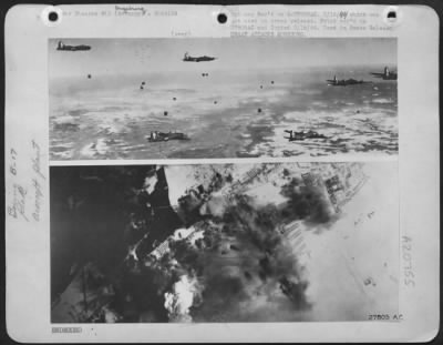 Consolidated > (Top)-Flak reaches high into German skies is an unsuccessful attempt to disrupt formations of Flying Fortresses of the U.S. Army 8th Air Force on their way to bomb the Messerschmitt experimental plant at Augsburg in a daylight attack. (Bottom)-Flame