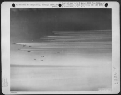 Consolidated > Vapor Road To Victory - Boeing B-17 Flying Fortresses Of The 452Nd Bomb Group Etch Fleecy Vapor Trails In The Sub Stratosphere Over Germany As They Head For The Target, Regensburg, Germany.  B-17S Of The 452Nd Bomb Group Continued Their Daily Pounding Of