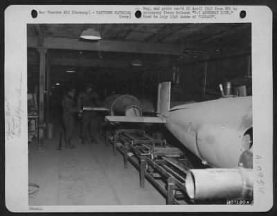 Consolidated > V-1 Assembly Line - A V-1 Assembly Line In An Underground Factory Near Nordhausen, Germany, Where Both V-1 And V-2 Bombs Were Put Together.  Photo By Us Army 9Th Af Cameraman Accompanying Advance Us Ground Elements.