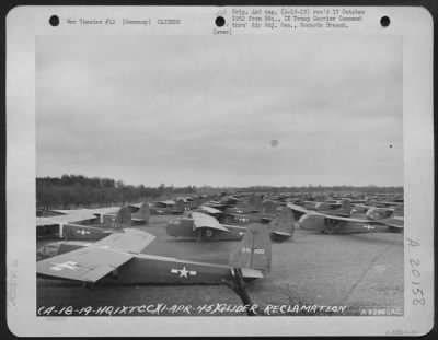 Consolidated > Glider Reclamation -- Two Weeks Time Was All That The 82Nd Service Group, 9Th Troop Carrier Command Engineers Required To Place 60% Of The 1300 Gliders In Flyable Condition After The Rees-Wesel Airborne Invasion.  Shown Here Ready For Servicing Is A Group
