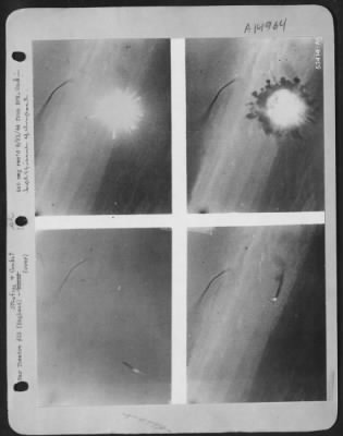 Consolidated > These pictures of a pilotless plane flying over England and it's destruction by 9th Air force Republic P-47 Thunderbolt pilot were recorded by a movie camera in the wing of a Fighter-Bomber flown by Lt. Fisher. In the left pictures, the plane can be
