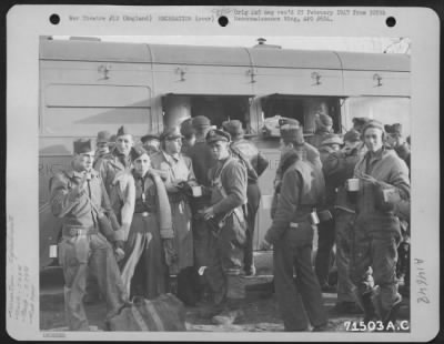 Thumbnail for Consolidated > Members Of The 525Th Bomb Squadorn, 379Th Bomb Group Are Served Coffee And Doughnuts From An American Red Cross Club-Mobile At An 8Th Air Force Base In England.  2 March 1944.