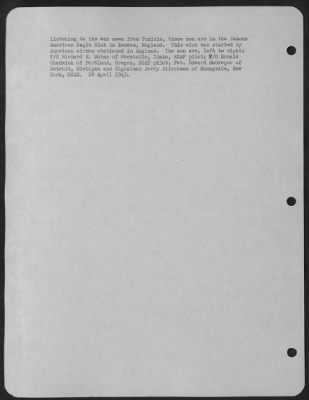 Thumbnail for Consolidated > Listening To The War News From Tunisia, These Men Are In The Famous American Eagle Club In London, England.  This Club Was Started By American Airmen Stationed In England.  The Men Are, Left To Right: F/O Richard E. Mohan Of Pocatello, Idaho, Rcaf Pilot;