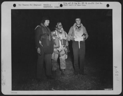 Thumbnail for Consolidated > These 3 Officers, Attached To A Parachute Battalion, Await Take-Off Time From Their Base In England For The Invasion Of Europe.  They Are, Left To Right: Major Howard W. Cannon Of St. George, Utah, Co-Pilot Of The Carrier; Colonel Robert S. Wolverton Of E