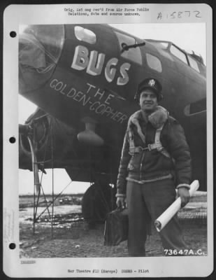 General > 1St Lt. H.J. Blum, Minneapolis, Minn., Poses Beside The Boeing B-17 'Bugs, The Golden-Gopher' At An Air Base In Europe.