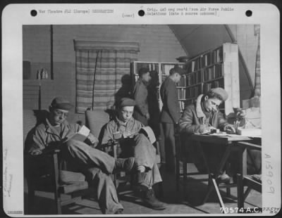 General > Members Of The 8Th Air Force Line Engineers Take Time To Write To Their Loved Ones Back Home.  They Are, Left To Right: Sgt. Pando L. Ellcoff, Cincinnati, Ohio, S/Sgt. John G. Addison, Chicago, Ill., And Cpl. Vinson A. Potter, Marshall, Texas.  Europe.