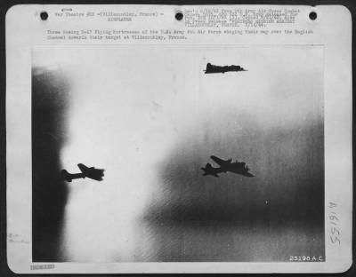 Thumbnail for Boeing > Three Boeing B-17 Flying ofrtresses of the U.S. Army 8th Air force winging their way over the English Channel towards their target at Villacoublay, France.