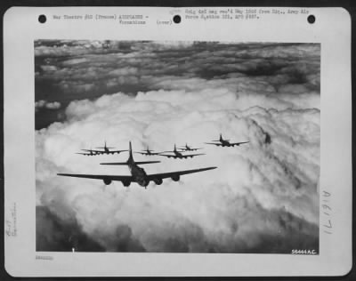 Thumbnail for Boeing > formation of Boeing B-17 "Flying ofrtresses" of the 381st Bomb Group en route to bomb enemy installations somewhere in Europe.