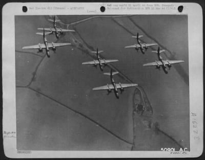 Thumbnail for Douglas > A-20 Havoc light bombers of the U.S. 9th A.F. are shown over the patch-work landscape of France during a recent attack against enemy targets. The speedy, versatile attack bombers, which have been operating ofrm England for several weeks