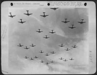 Douglas > Flying in formation are these Douglas C-47's used by the troop carrier air division of the 12th Air force to carry hard and rugged paratroopers and to tow gliders laden with airborne troops to Southern France.