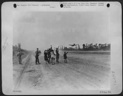 Thumbnail for Republic > Cheered by the liberated French, a pugnacious Republic P-47 Thunderbolt Fighter Bomber roars aloft from a new airfield in France after being serviced by 9th Air force Service Command mechanics. 9th Air force Fighters are now operating