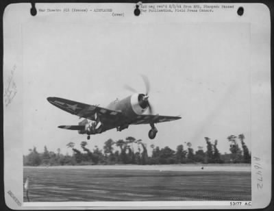 Thumbnail for Republic > A powerful Republic P-47 Thunderbolt of the 9th Air force roars off, on to another mission from a dusty, steel-meshed runway somewhere in the liberated section of France.