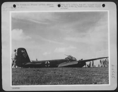 General > A young German mechanic in his first solo flight flew 400 miles from Leipzig and crash-landed this new JU-288 twin-engine bomber at a 9th AF field. Despite heavy anti-aircraft fire from 9th Air Defense crews, the mechanic escaped injury although