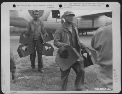 Thumbnail for General > Fins For 500-Pound Bombs Are Unloaded By Crewmen Of A 15Th Air Force Consolidated B-24 Liberator Which Flew Needed Materials From Italy To Lyons, France, For Allied Figher Pilots.  13 September 1944.