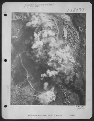 Consolidated > 12th AF pinpointing blocks 5 of the 6 roads leading into busy junction at Cori northeast of Anzio landings. Note care with which hospital in upper left is spared.