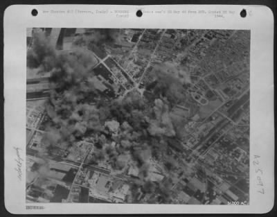 Consolidated > Boeing B-17 Flying Fortresses of the 15th AAF attacked the railyards at Ferrara, north of Florence, on May 14, 1944. The tracks leading to Coparro were hit and cut, while warehouses and rolling stock in the southwest section of the yards were