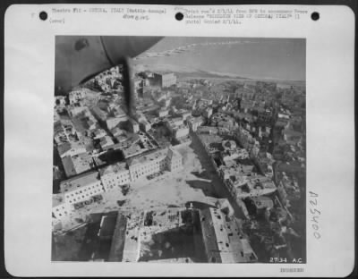 Consolidated > This photo of Ortona, on the Adriatic coast of Italy, was made by a reconnaissance pilot of the U.S. Army Air Forces, while the Canadians of the British 8th Army were battling for possession of the town. Three General Sherman tanks may be seen in the