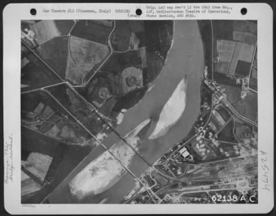 Thumbnail for Consolidated > Aerial view of railroad bridge near Piacenza, Italy, prior to bombing by Martin B-26 Marauders of the 12th Air Force on 16 July 1944.