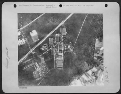 Consolidated > BEFORE THE ATTACK: Neatly located in a wooded area, the Junkers aircraft engine plant at Arnimswalde looked as shown, shortly before the Fortresses of the 8th AAF launched their April 11th attack. Machine shops, assembly departments administrative
