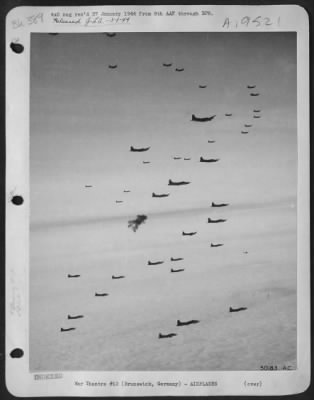 Thumbnail for Flak > Brunswick, Germany-"ROUGHEST MISSION" were the most common words heard after the three prolonged attacks on German aircraft factories on 11 January. This photo shows a small force of 8th AAF bombers sent to attack the Waggum ME 110 main